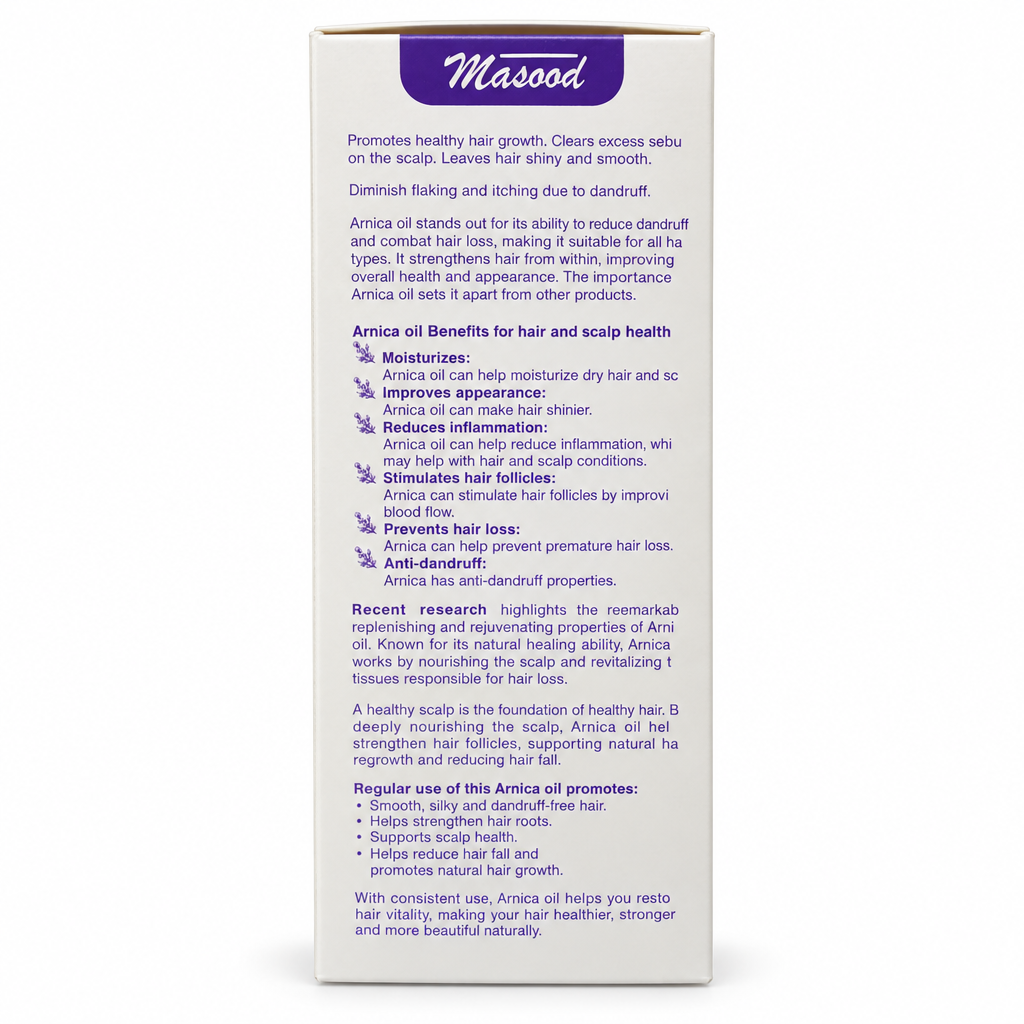 Back of Masood Arnica Oil Rosemary carton on white background