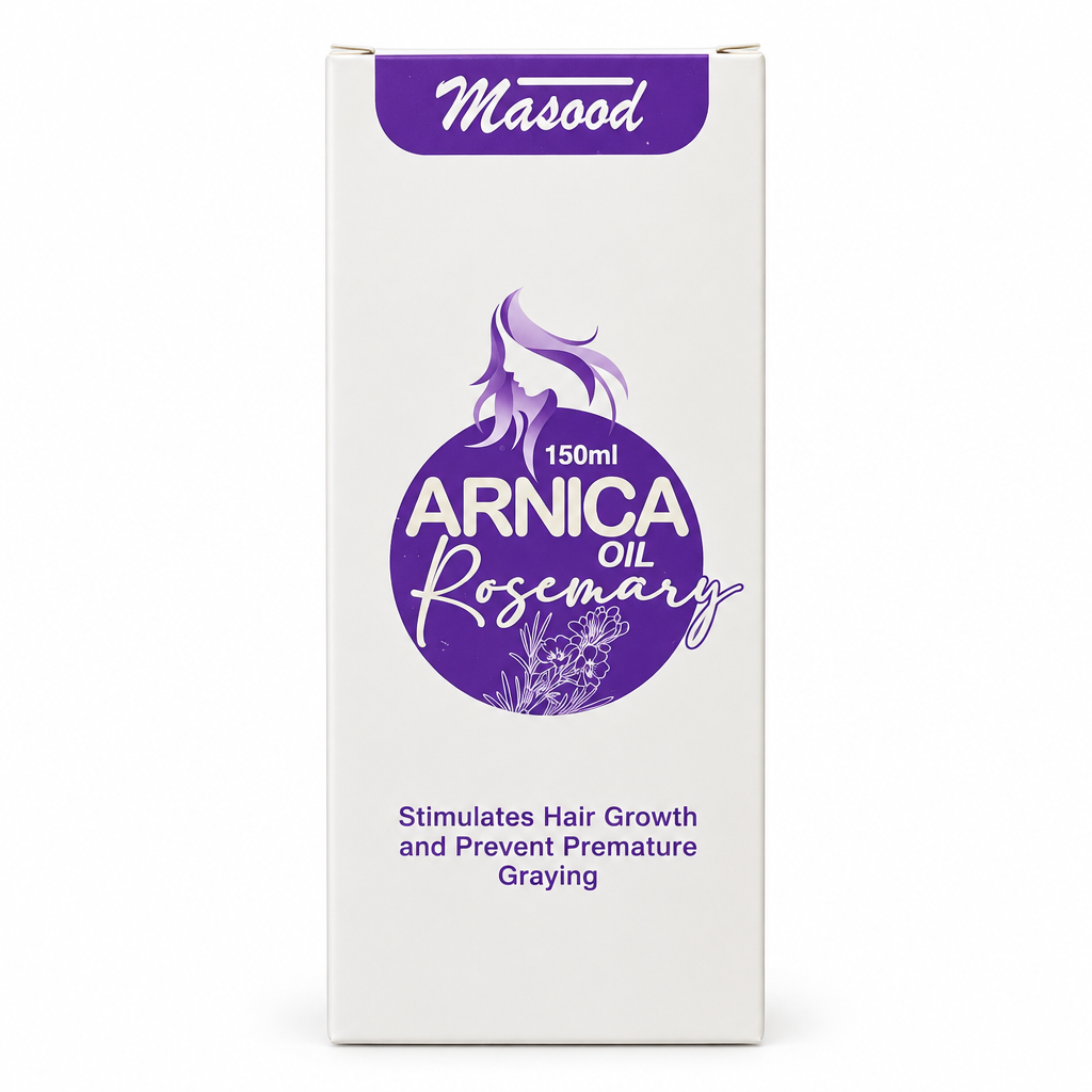 Front of Masood Arnica Oil Rosemary 150 ml carton on white background